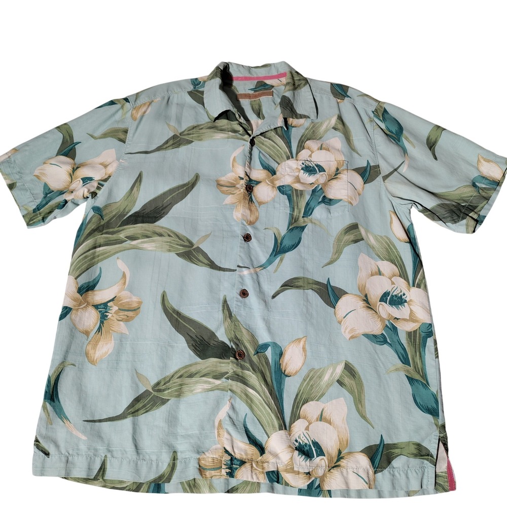Tommy Bahama Mens Medium Silk Tropical Floral Shirt Aqua Blue S/S - Imperfect